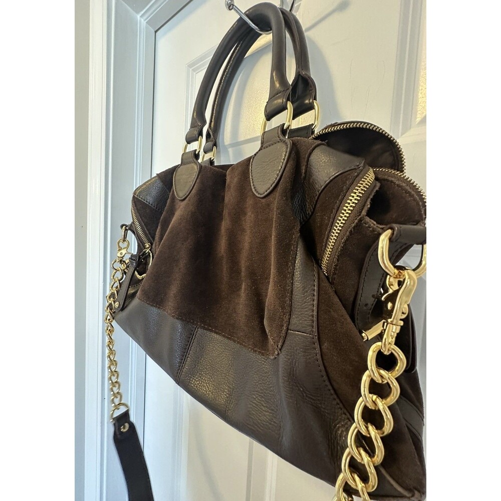 AUDREY BROOKE Brown Suede & Leather Crossbody Satchel Handbag W/ Chain Strap - Picture 2 of 16